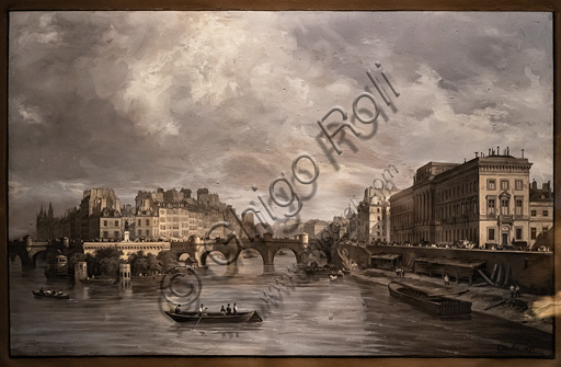 Veduta del Pont Neuf a Parigi, dipinto tempera su carta di Giuseppe Canella del 1830