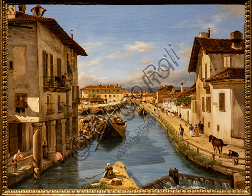 Dipinto Veduta del canale Naviglio dal ponte di S. Marco a Milano, olio su tela di Giuseppe Canella, 1850 circa