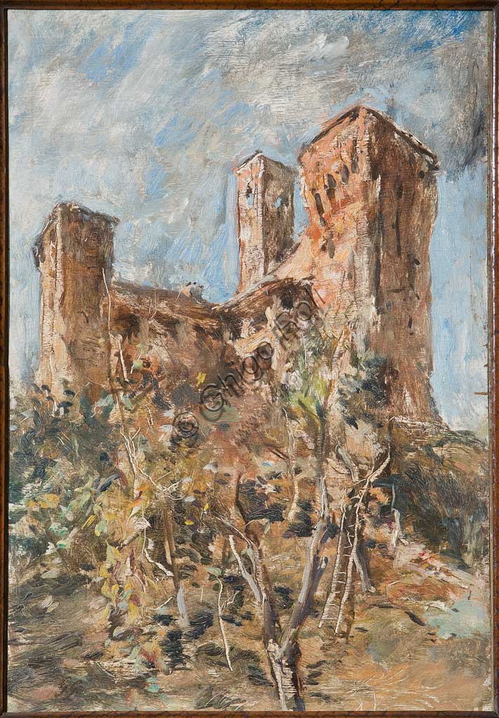 Dipinto Castello di Maranello di Giuseppe Graziosi, olio su compensato, collezione Assicoop-Unipol