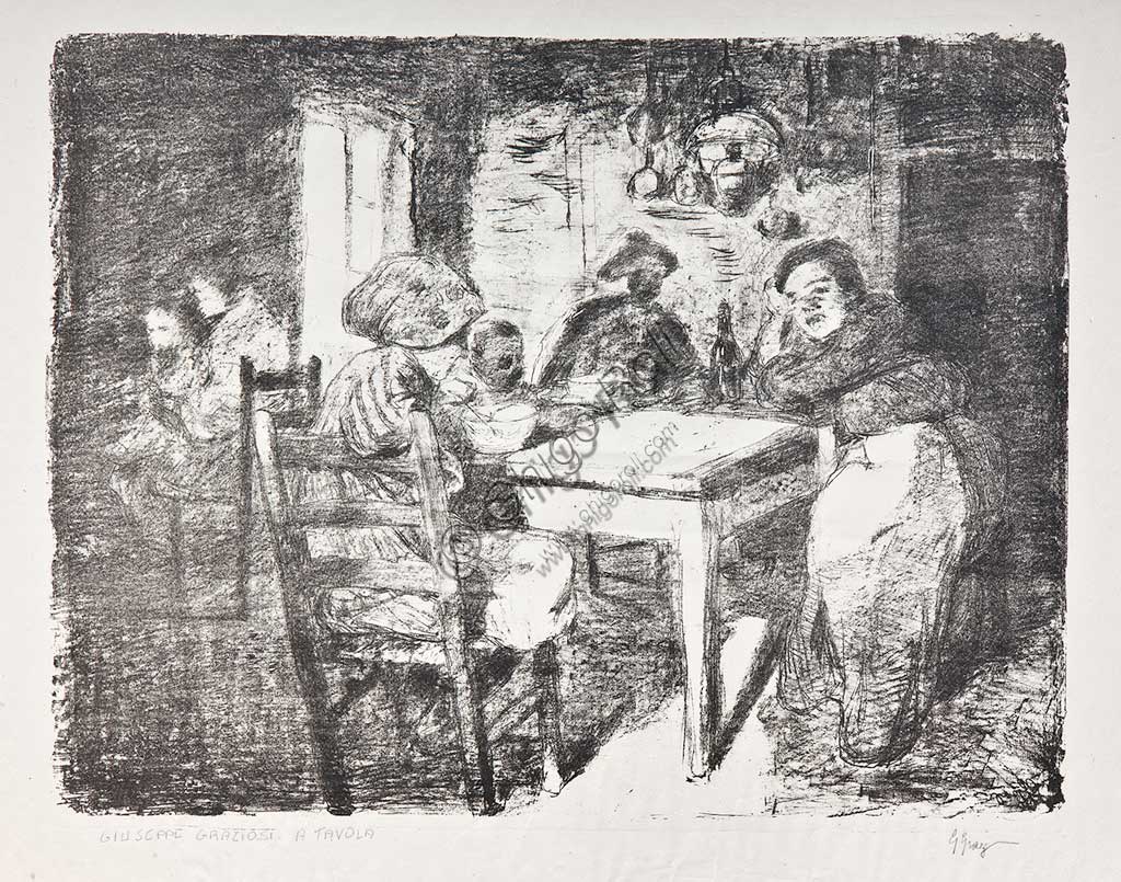 Litografia 'Famiglia in cucina' di Giuseppe Graziosi, arte italiana del primo Novecento