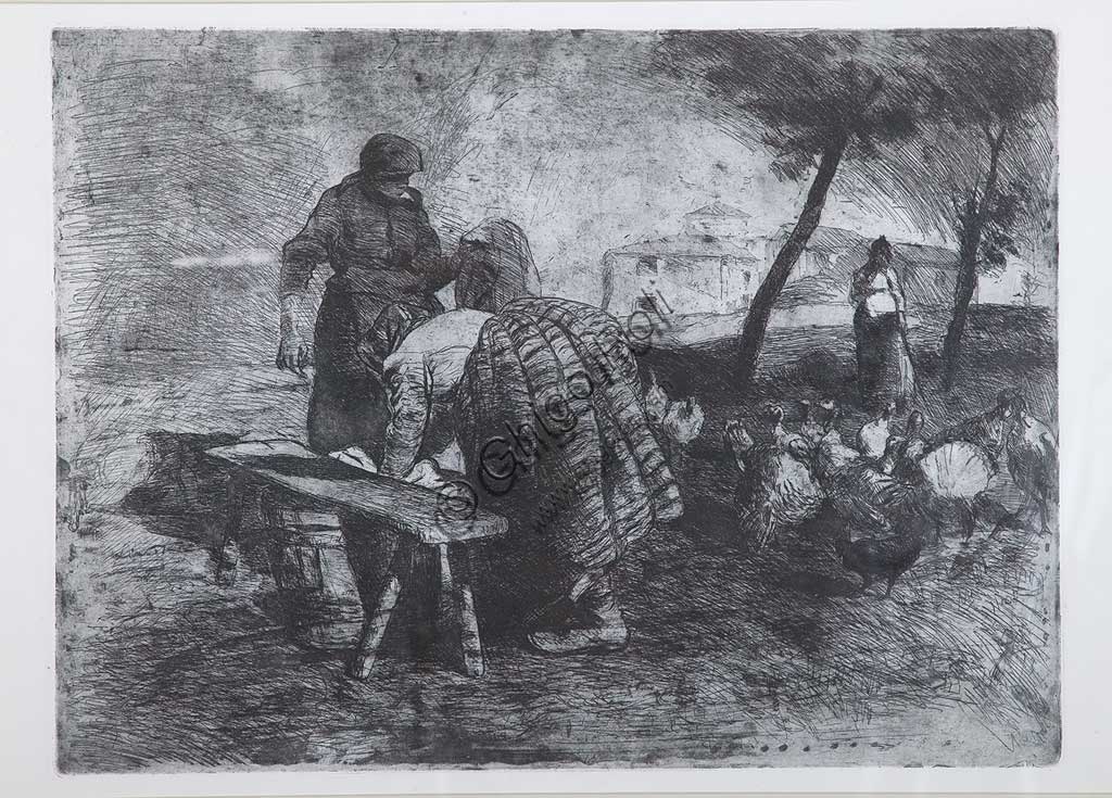 Stampa d'arte 'Lavandaie sull'aia' di Giuseppe Graziosi, tecnica acquaforte e acquatinta