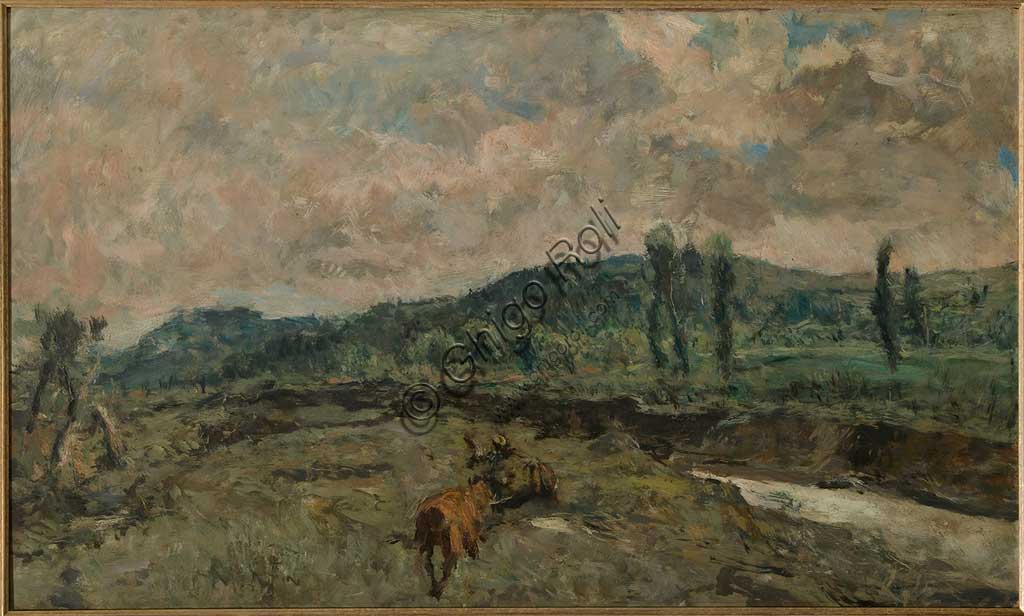 Dipinto Paesaggio con Carri di Giuseppe Graziosi, olio su tavola, Collezione Assicoop Unipol Modena