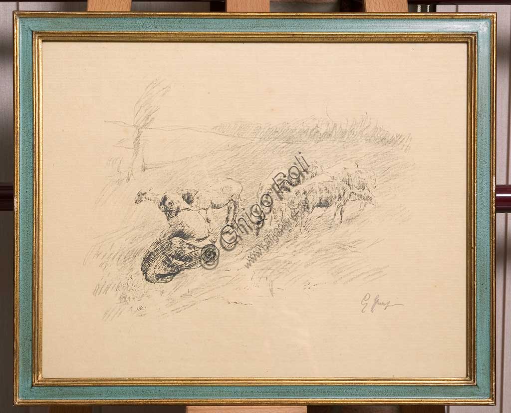 Litografia Pecore al Pascolo di Giuseppe Graziosi, Collezione Assicoop-Unipol