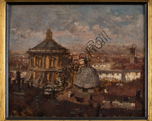 Dipinto olio su tavola Cupole di San Sebastiano a Milano di Giuseppe Mentessi