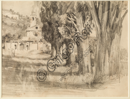 Disegno a matita Paesaggio con chiesa di Giuseppe Mentessi, artista italiano di Ferrara