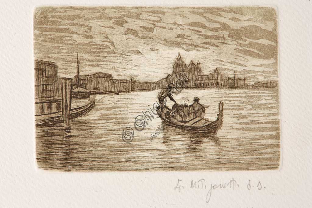 Il Gondoliere, acquaforte e acquatinta di Giuseppe Miti Zanetti, arte veneziana ottocentesca