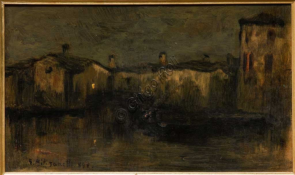 Paesaggio con case dipinto olio su cartone Giuseppe Miti Zanetti Collezione Assicoop Unipol