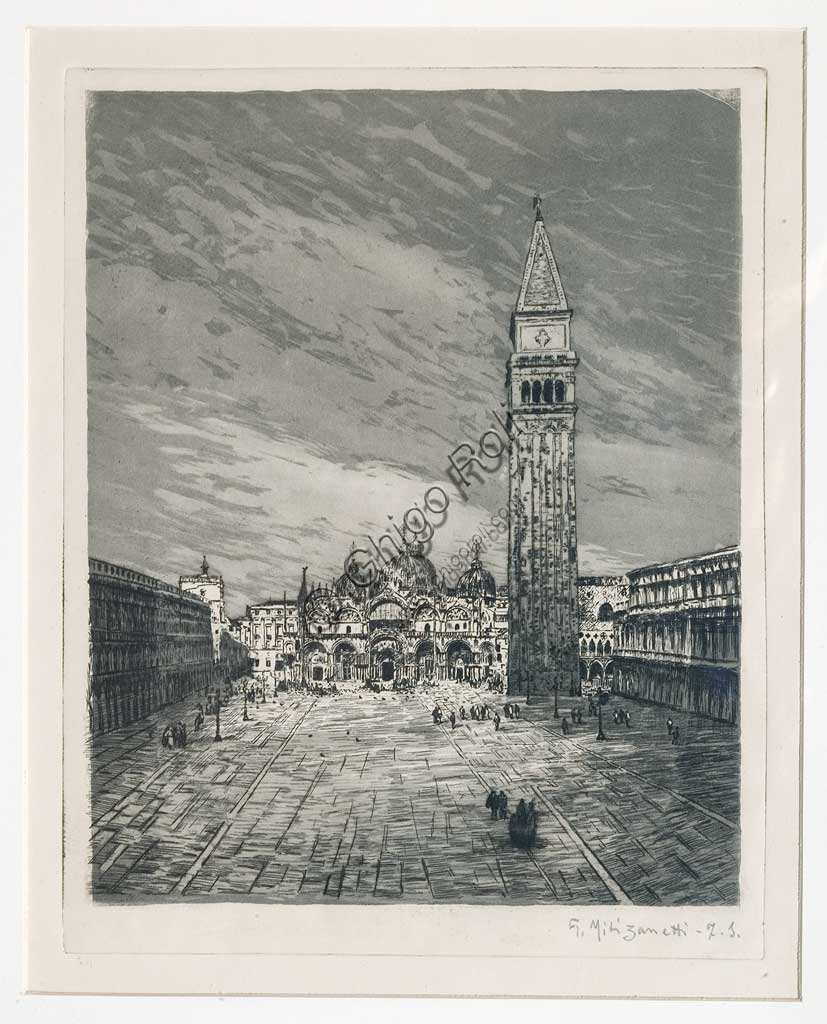 Acquaforte e acquatinta Piazza San Marco di Giuseppe Miti Zanetti, Collezione Assicoop-Unipol, arte italiana XIX secolo