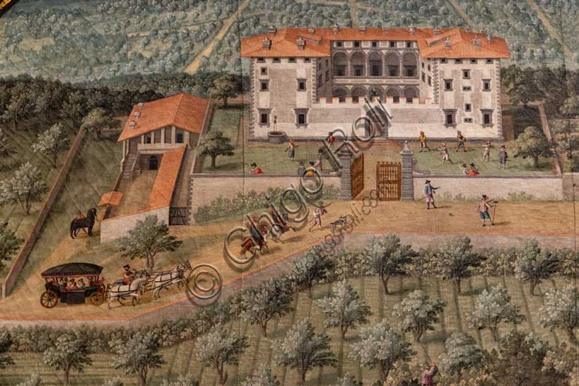 Dettaglio della lunetta di Giusto Utens con la Villa Medicea La Petraia in Toscana
