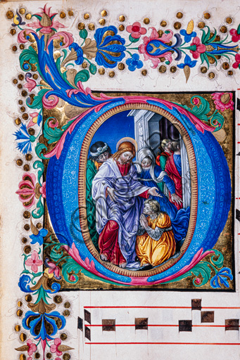 Particolare miniatura Guarigione della emorroissa, Libro Corale Piccolomini, Duomo di Siena