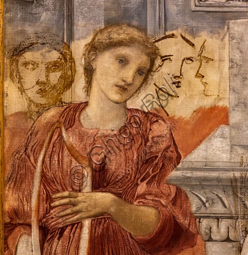 Dipinto Il Tempio dell'Amore di Edward Burne-Jones, particolare dell'opera a olio su tela del 1872, stile preraffaellita