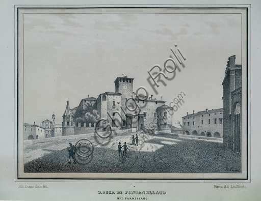Incisione ottocentesca antica che rappresenta la fortezza Rocca Sanvitale di Fontanellato, Parma