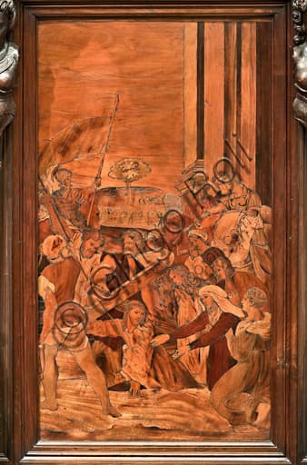 Dettaglio intarsio ligneo Salita al Calvario, Gian Michele De' Pantaleoni, Duomo di Genova