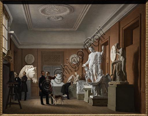 Dipinto a olio di Johan Vilhelm Gertner che raffigura l'interno dello studio dello scultore Thorvaldsen a Charlottenborg, con busti e opere d'arte, 1826