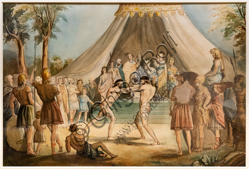 Acquerello I Lottatori di John Everett Millais, 1840-41, dettaglio della composizione