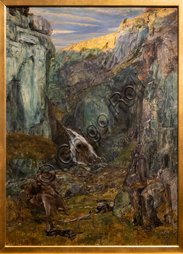 Dipinto Gordale Scar Yorkshire di John William Inchbold, olio su tavola, paesaggio naturale
