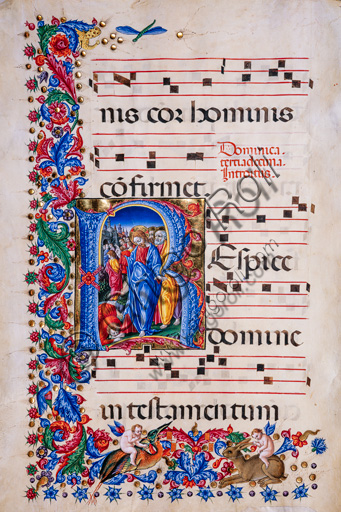 Miniatura Guarigione del Lebbroso di Liberale da Verona, dettaglio foglio 67v, corale Piccolomini Library
