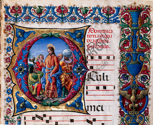 Dettaglio miniatura 'La guarigione dell'indemoniato' di Liberale da Verona, Corale Piccolomini, Duomo di Siena
