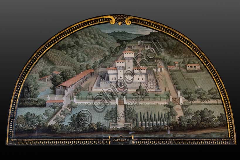Lunetta pittorica di Giusto Utens raffigurante la Villa Medicea di Cafaggiolo a Barberino di Mugello, veduta aerea dettagliata