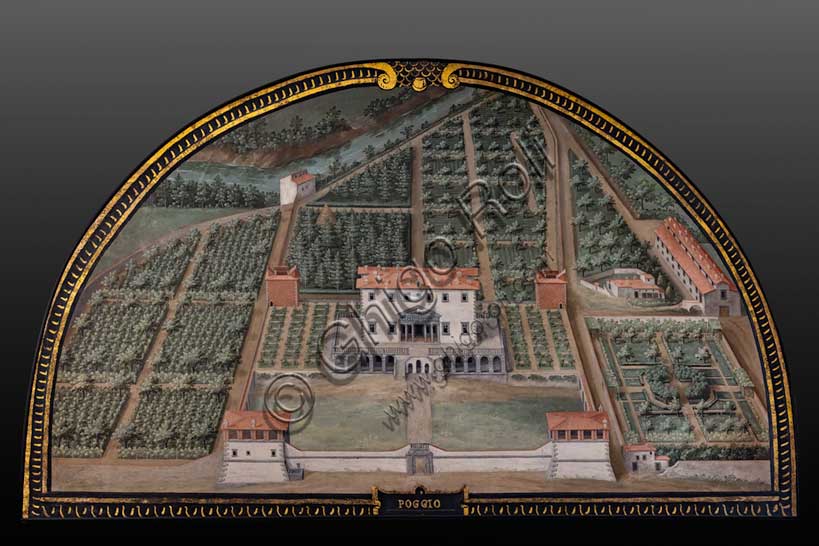 Lunetta di Giusto Utens con veduta aerea della Villa Medicea di Poggio a Caiano in Toscana