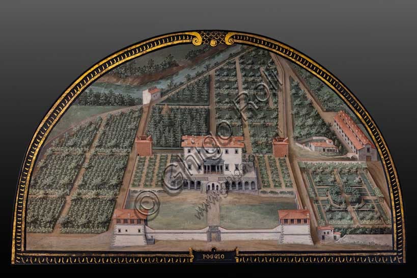 Lunetta di Giusto Utens con veduta aerea della Villa Medicea di Poggio a Caiano in Toscana