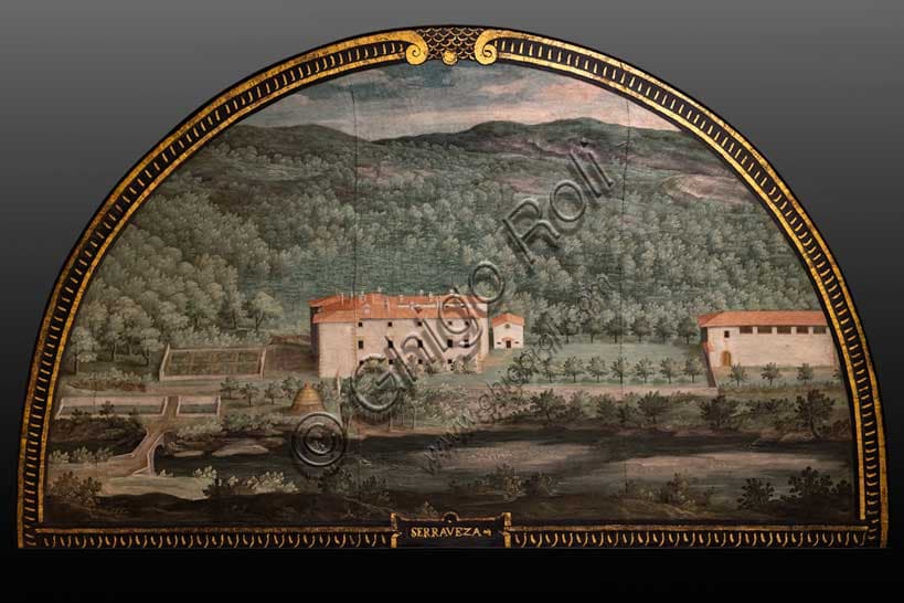 Lunetta dipinta di Seravezza di Giusto Utens con veduta aerea della Villa Medicea in provincia di Lucca, Toscana