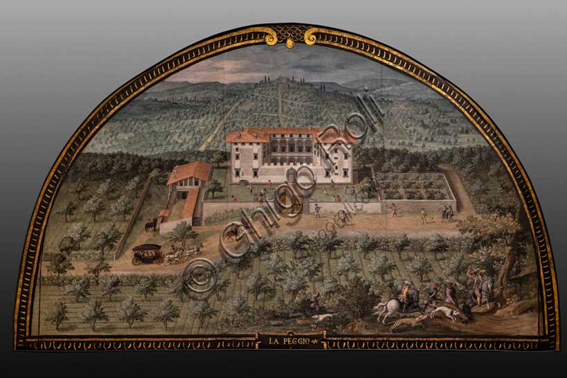 Lunetta dipinta di Giusto Utens raffigurante la veduta aerea della Villa Medicea di Lappeggi, in provincia di Firenze.