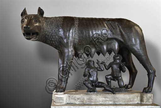 Bronze statue of the Capitoline Wolf on display at the Capitoline Museums in Rome