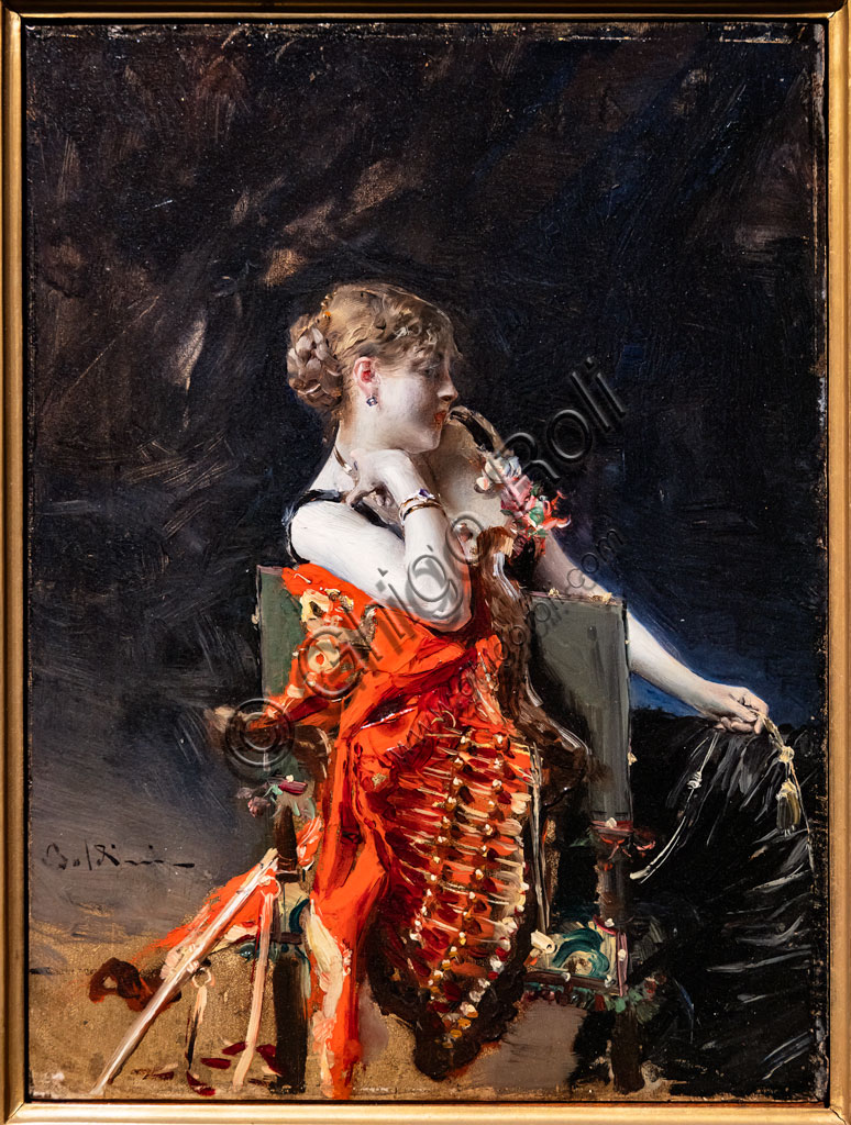 Ritratto Madame X dipinto olio su tela Giovanni Boldini 1879 donna in abito rosso