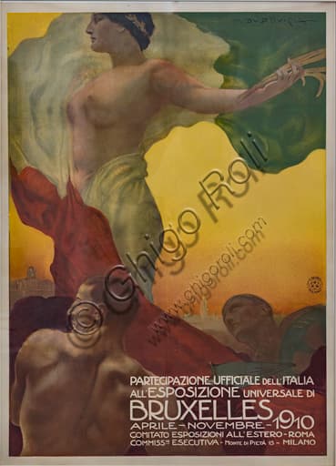 Manifesto litografico Esposizione Nazionale di Bruxelles 1910 di Marcello Dudovich, stampa d'arte pubblicitaria