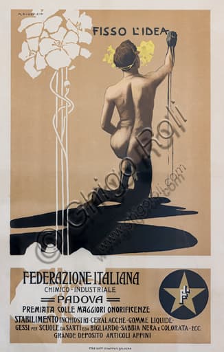 Manifesto pubblicitario storico 'Fisso l'idea' di Marcello Dudovich, litografia del 1899