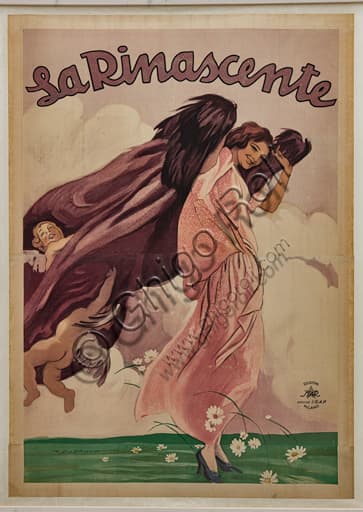 Manifesto pubblicitario originale 'La Rinascente' di Marcello Dudovich, 1921, cromolitografia che raffigura una donna elegante con abito rosa e cappello.