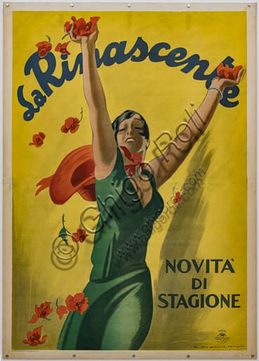 Manifesto pubblicitario La Rinascente di Marcello Dudovich, cromolitografia vintage del 1928-35 raffigurante una donna