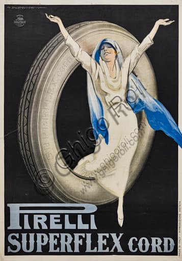 Manifesto pubblicitario storico Pirelli Superflex Cord di Marcello Dudovich, 1922. Donna con pneumatico, illustrazione cromolitografica.