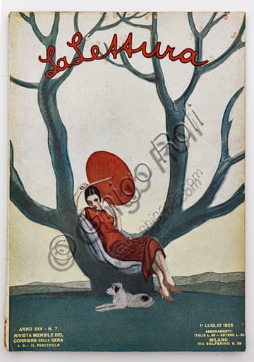 Illustrazione copertina La Lettura: donna seduta su albero con parasole rosso, opera di Marcello Dudovich, 1925