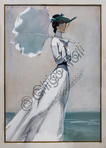 Dipinto In riva al mare di Marcello Dudovich, tempera e carboncino su carta, raffigurante una donna in un paesaggio marino