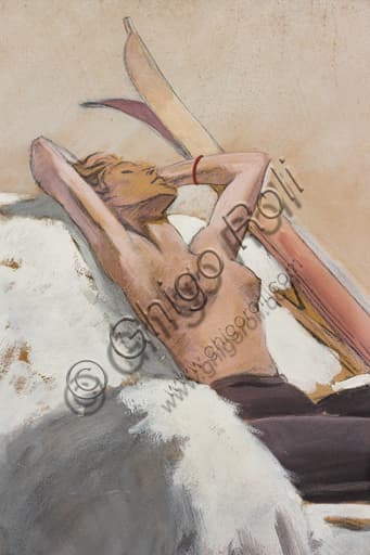Dettaglio manifesto pubblicitario Sole d'inverno Marcello Dudovich tempera matita su carta 1939