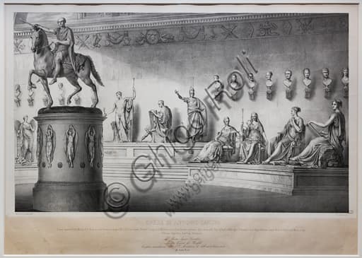 Litografia di Michele Fanoli del 1844 che raffigura un pantheon architettonico con ritratti e sculture di Antonio Canova