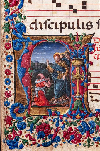 Dettaglio miniatura Cristo e lebbroso di Liberale da Verona, corale cod. 19.4, Libreria Piccolomini Duomo Siena