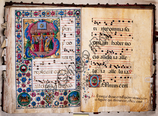 Dettaglio miniatura Pentecoste, corale Piccolomini, Duomo di Siena, Girolamo da Cremona