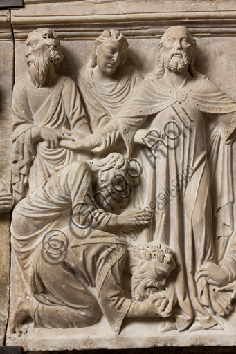 Scultura gotica del monumento funerario di Luca Fieschi con Cristo e gli Apostoli, Museo Diocesano di Genova, Liguria, Italia