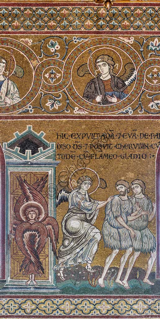 Mosaico bizantino della Cacciata dal Paradiso Terrestre, Duomo di Monreale (Palermo), dettaglio di Adamo ed Eva