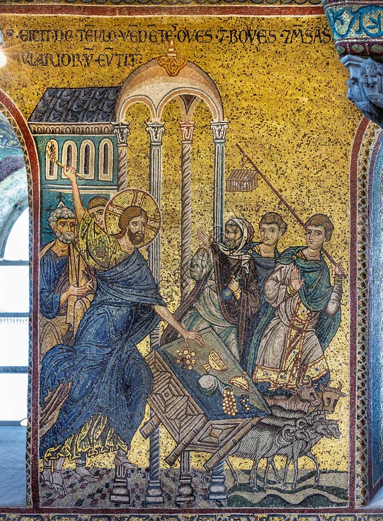 Mosaico bizantino 'Cristo caccia i mercanti dal Tempio' nel Duomo di Monreale in Sicilia