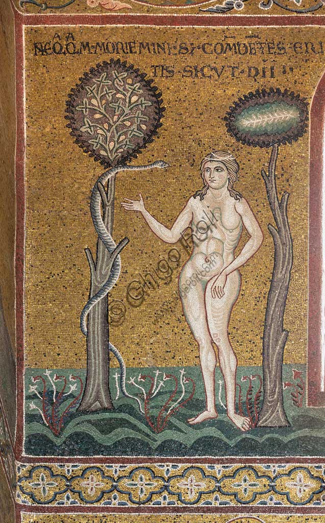 Dettaglio mosaico bizantino Eva e il serpente, Duomo di Monreale Palermo Sicilia