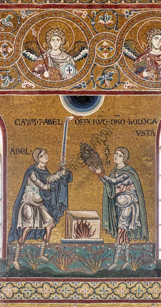 Dettaglio mosaico bizantino Offerta di Caino e Abele, Duomo di Monreale, Sicilia