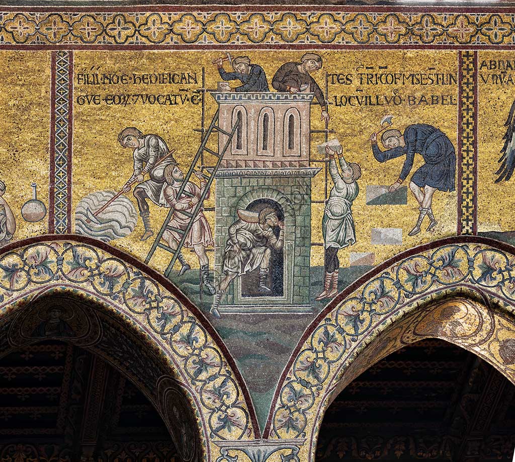 Mosaico bizantino della costruzione della Torre di Babele, Duomo di Monreale, Palermo, Sicilia, XII secolo