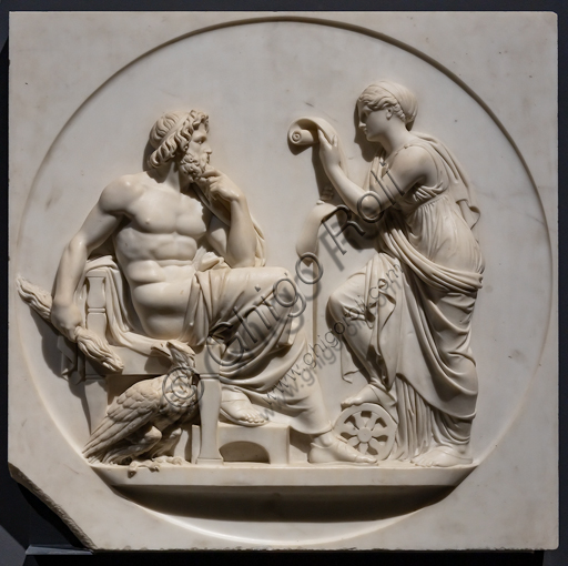 Scultura in marmo di Bertel Thorvaldsen: Nemesi recita a Giove le vicende umane