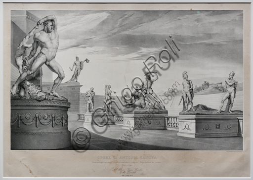 Litografia di Michele Fanoli del 1842 che raffigura le sculture di Antonio Canova all'interno di un'arena, stampa su carta velina.