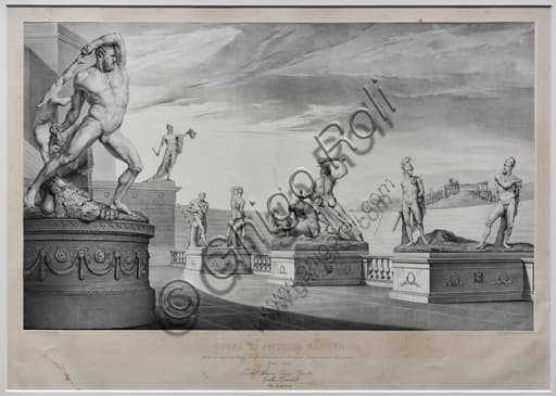 Litografia di Michele Fanoli del 1842 che raffigura le sculture di Antonio Canova all'interno di un'arena, stampa su carta velina.