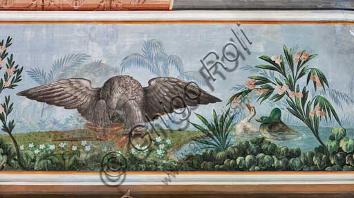 Dettaglio dell'affresco nella Sala degli Uccelli, Palazzo dei Normanni: aquila e germani reali in uno stagno